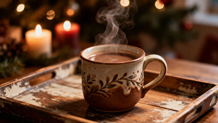 Steam rising from a ceramic mug on a rustic wooden tray, candlelight reflections in the background, warm brown tones.