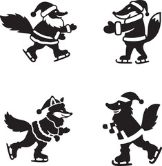 Christmas Fox and Wolf Characters Ice Skating Vector Illustration and Silhouette Design