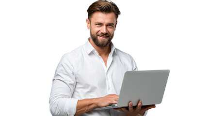 Tech-Savvy Professional: A confident individual, sporting a neatly trimmed beard, engages with a laptop, exuding a sense of modern professionalism.