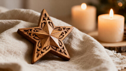 Wooden star decor on linen fabric, candle light reflection, warm beige glow, modern rustic holiday style.