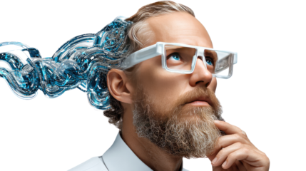 Visionary Innovation: A man wearing futuristic eyewear contemplates with flowing digital data emerging from his head, symbolizing the fusion of human intellect and technological advancement.