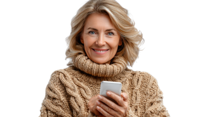 Serene Smile & Modern Connection: A portrait of a gracefully aging individual, radiating warmth, holds a smartphone, blending modern technology with timeless elegance.