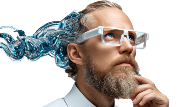 Visionary Innovation: A man wearing futuristic eyewear contemplates with flowing digital data emerging from his head, symbolizing the fusion of human intellect and technological advancement.