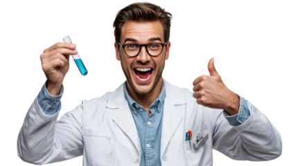 Enthusiastic Scientist's Eureka Moment: A scientist in a white lab coat holds a test tube filled with vibrant blue liquid and gives a thumbs up.