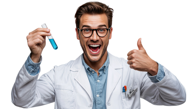 Enthusiastic Scientist's Eureka Moment: A scientist in a white lab coat holds a test tube filled with vibrant blue liquid and gives a thumbs up.
