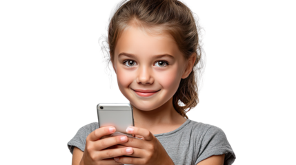 Child's Digital Gaze: A captivating portrait of a young girl, engrossed in the glow of a smartphone, her eyes reflecting the digital world with a hint of fascination and joy.