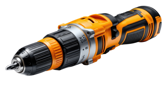 Powerful Drill: A high-angle shot reveals a sleek and powerful drill, designed for efficiency and precision in a workshop setting.