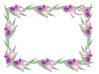 Restangular frame of irises buds and leaves. Watercolor handmade illustration. For packaging design, cards, cover, prints, product labels and fabric. 
