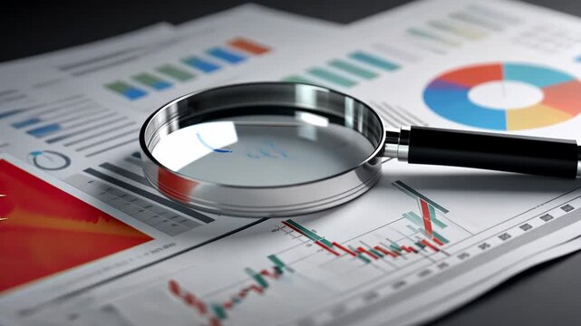 Exploring financial data and trends with analysis of reports and charts using a magnifying glass for detailed insight