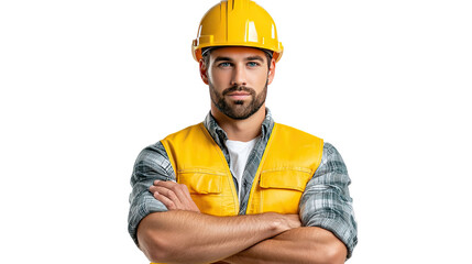 Confident Construction Worker: A skilled construction worker, dressed in a vibrant yellow hard hat and vest, exudes confidence and professionalism. With arms crossed.