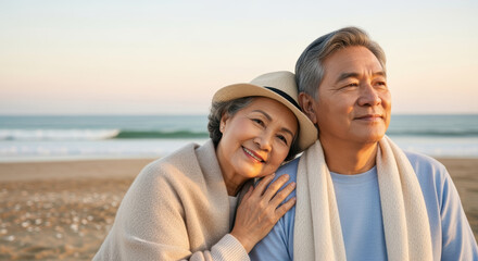 Smiling senior asian couple embracing on tranquil beach at sunset, enjoying peaceful moment and relaxation by the sea