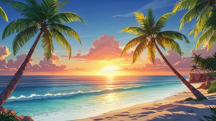 Tropical Beach Sunset Animation with Palm Tree Leaf and Ocean View