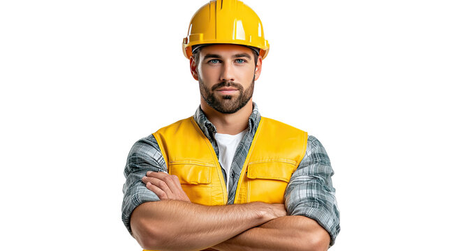 Confident Construction Worker: A skilled construction worker, dressed in a vibrant yellow hard hat and vest, exudes confidence and professionalism. With arms crossed.