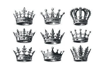 Collection of ornate black and white regal crowns
