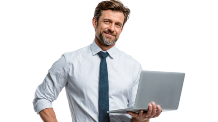 The Confident Professional: A poised man, dressed in formal attire, exudes assurance while holding a laptop, suggesting expertise and readiness in a contemporary context.