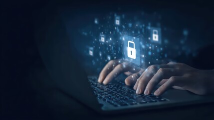 Obraz premium Secure data management with digital locks and hands typing on a laptop in a dark environment representing cybersecurity and privacy