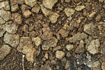 The texture of dry soil is cracked and lumpy.  the earth's surface is rough and natural