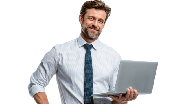 The Confident Professional: A poised man, dressed in formal attire, exudes assurance while holding a laptop, suggesting expertise and readiness in a contemporary context.