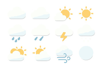 Obraz premium Stylized weather condition icons featuring sun, clouds, rain, and wind