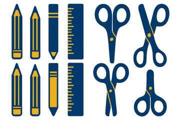 Set of blue and yellow school supplies icons including pencils rulers and scissors