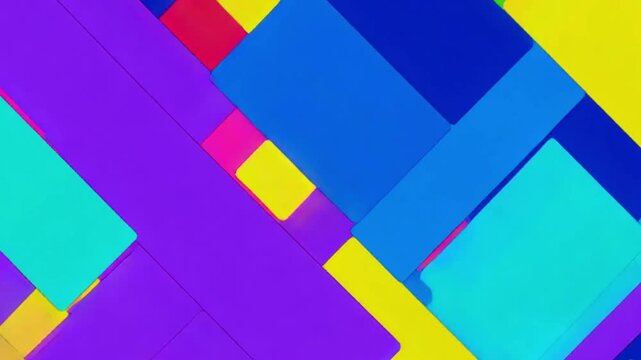 Retro 90s-style abstract background animation featuring neon geometric shapes in vintage colors. Seamless 4K loop with pop art design in violet, yellow, purple, green, blue, cyan, and pink tones.