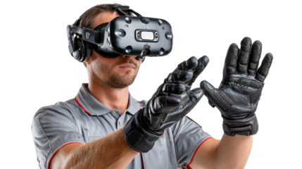 Immersive Interaction: A person wearing a VR headset and gloves, demonstrating the power of virtual reality, hands outstretched in anticipation.