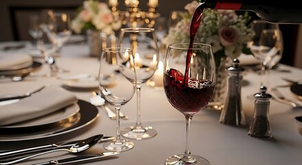 Elegant Dining Table Setting with Wine Pour and Floral Centerpiece.