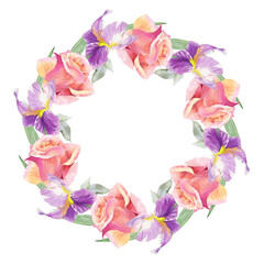Wreath of irises and roses buds. Watercolor handmade illustration. For packaging design, cards, cover, prints, product labels and fabric. 