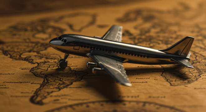 Metal airplane model placed on a vintage world map representing global travel, adventure, tourism, transport, and exploration