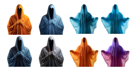 Mysterious Figures in Colorful Drapes with Shadowy Faces, isolated on transparent background
