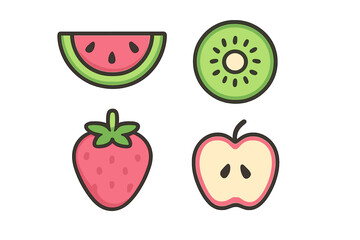 Fototapeta premium Set of four colorful fruit icons including watermelon, kiwi, strawberry, and slice