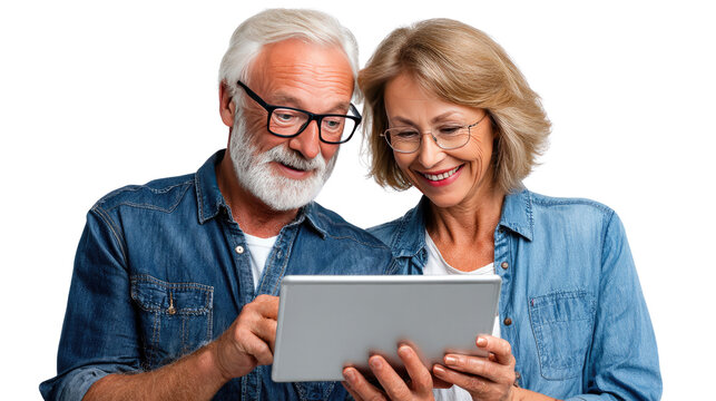 Couple's Digital Connection: A senior couple share a moment of connection as they explore a tablet together, their faces lit with expressions of curiosity and shared engagement.