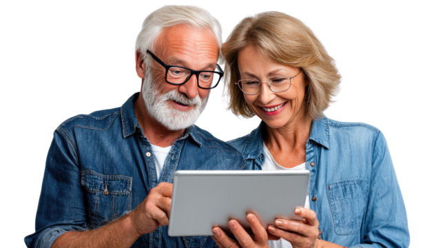 Couple's Digital Connection: A senior couple share a moment of connection as they explore a tablet together, their faces lit with expressions of curiosity and shared engagement. 