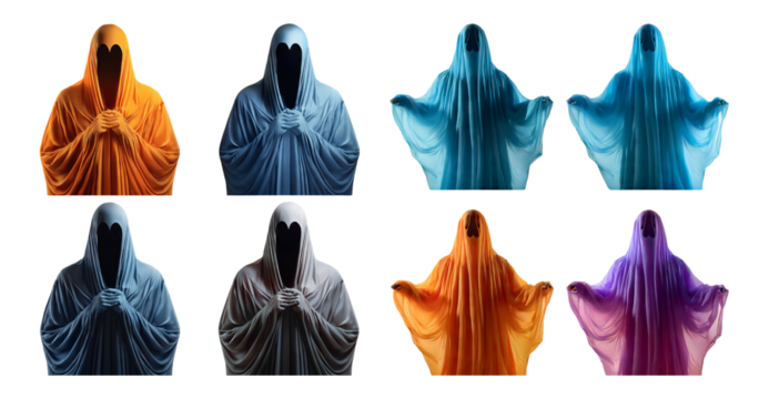 Mysterious Figures in Colorful Drapes with Shadowy Faces, isolated on transparent background