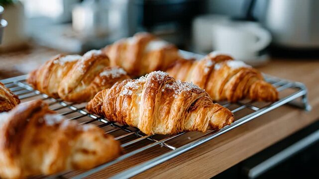 Freshly baked croissants cooling on a wire rack in a cozy kitchen near sunrise
