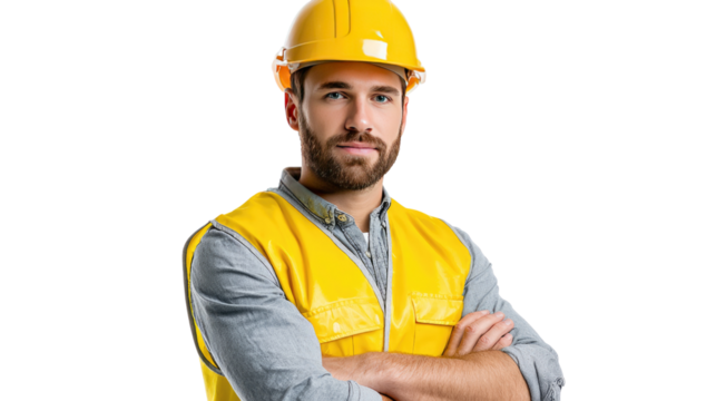 Construction Worker: A confident construction worker, adorned in a yellow safety helmet and vest, exudes assurance as he poses with crossed arms.
