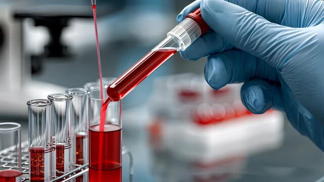 Lab technician transfers liquid samples into test tubes for analysis using precise pipetting techniques in a modern laboratory setting