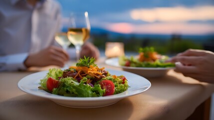 Couple enjoys fresh salads and white wine at a romantic outdoor dinner setting during twilight