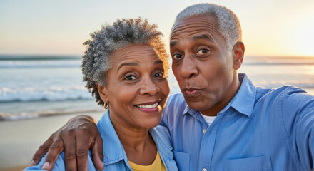 Joyful senior couple enjoying a sunset beach walk together, smiling in casual clothing with the ocean and waves in the background
