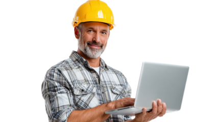 Builder with Laptop: A focused builder, donning a yellow hard hat, engages with a laptop, reflecting his modern approach to construction, and creating an image of competence and reliability.
