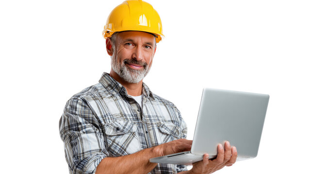 Builder with Laptop: A focused builder, donning a yellow hard hat, engages with a laptop, reflecting his modern approach to construction, and creating an image of competence and reliability.