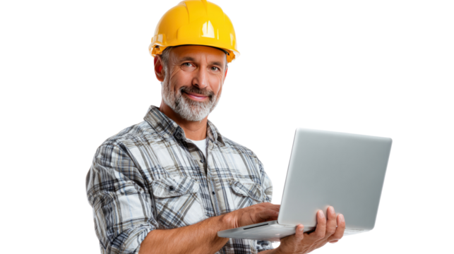 Builder with Laptop: A focused builder, donning a yellow hard hat, engages with a laptop, reflecting his modern approach to construction, and creating an image of competence and reliability.