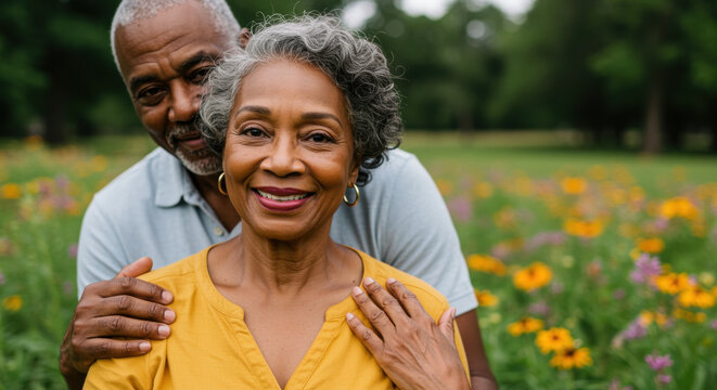 Joyful senior couple embracing outdoors in vibrant garden with blooming wildflowers and lush green trees on a sunny day