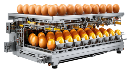 Automation in Food: A detailed view of an automated egg-sorting machine, showcasing the marvel of technology with fresh eggs. 