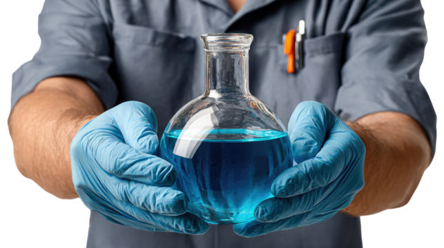 Holding Liquid Experiment: A person wearing safety gloves gently cradles a beaker filled with vibrant blue liquid, within a laboratory setting.