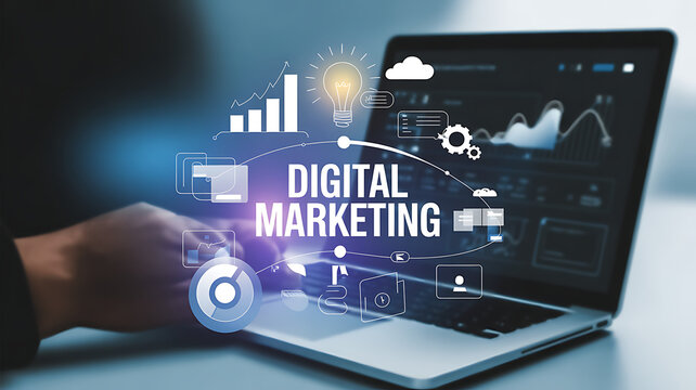 Transforming businesses with dynamic digital marketing strategies and insightful data analytics on a modern laptop interface