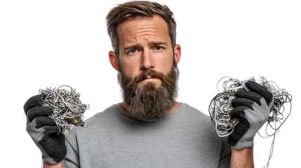 Dilemma: A thoughtful man faces a tangle of wires, grappling with a complex problem.