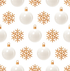 Seamless Pattern of 3D Golden Snowflakes and Glossy White Christmas Ornaments. Elegant Minimalist Holiday Background for Winter Celebrations and Festive Designs.