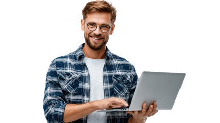 Tech-Savvy Individual: A modern individual, radiating confidence, is engrossed in the latest technology, utilizing a laptop with a focused and contented gaze. 