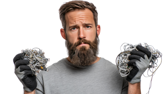Dilemma: A thoughtful man faces a tangle of wires, grappling with a complex problem.